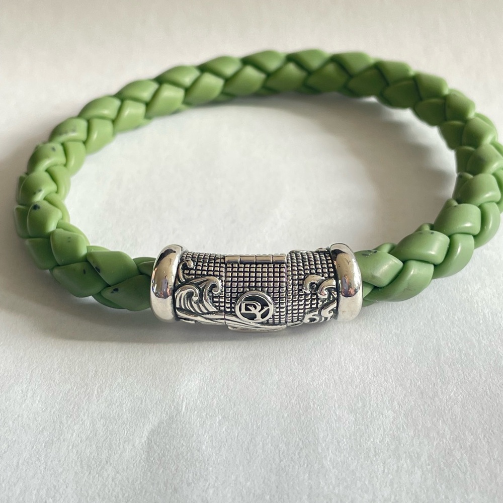 David Yurman Green Braided Leather Bracelet with Silver Pavé Clasp